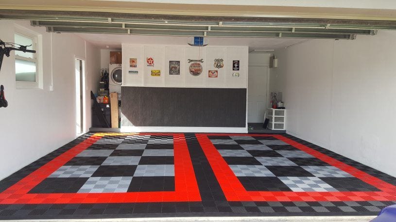 Black and Alloy Garage Tiles Red Border