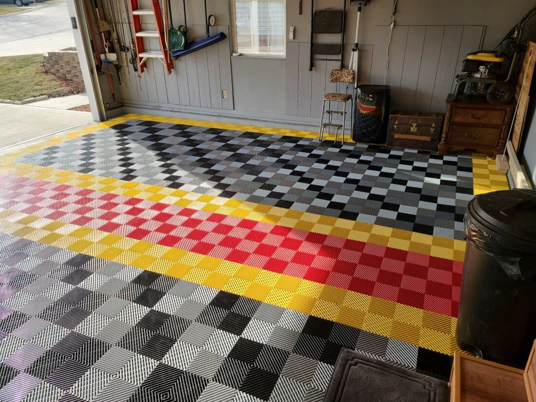 Overhead view of ribbed garage floor tiles