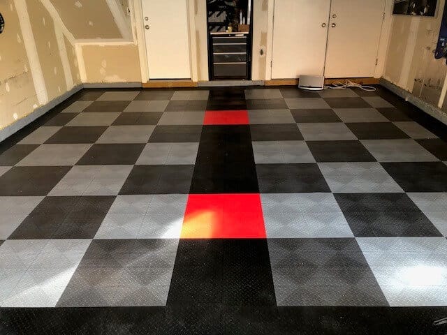 Black, grey, alloy, and red garage flooring pattern