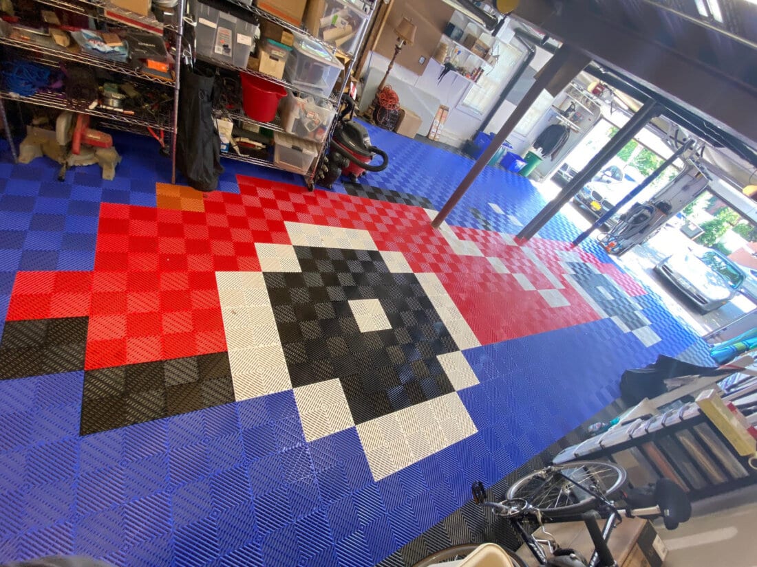 Red, blue, white, black ribbed tiles