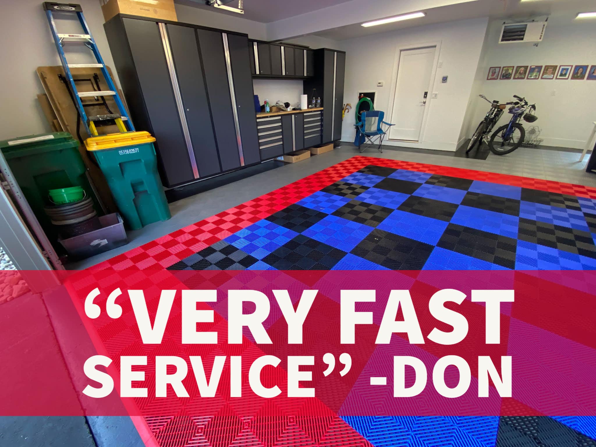 Red, blue, and black ribbed tiles with quote, "very fast service"