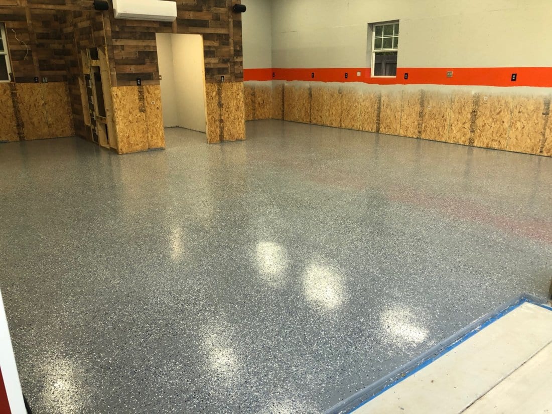 gray polyurea garage floor coating with blue flake