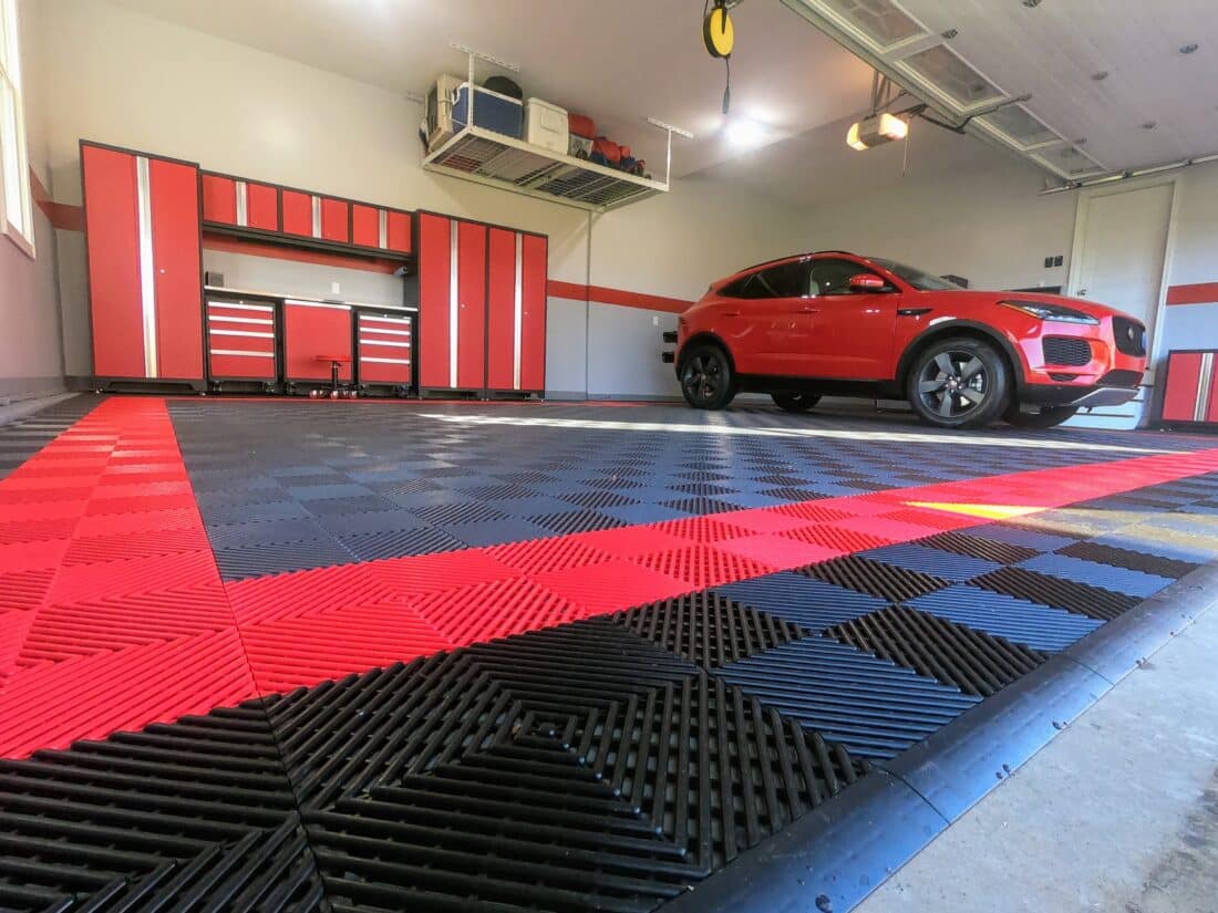 Grey floor with red and black accent