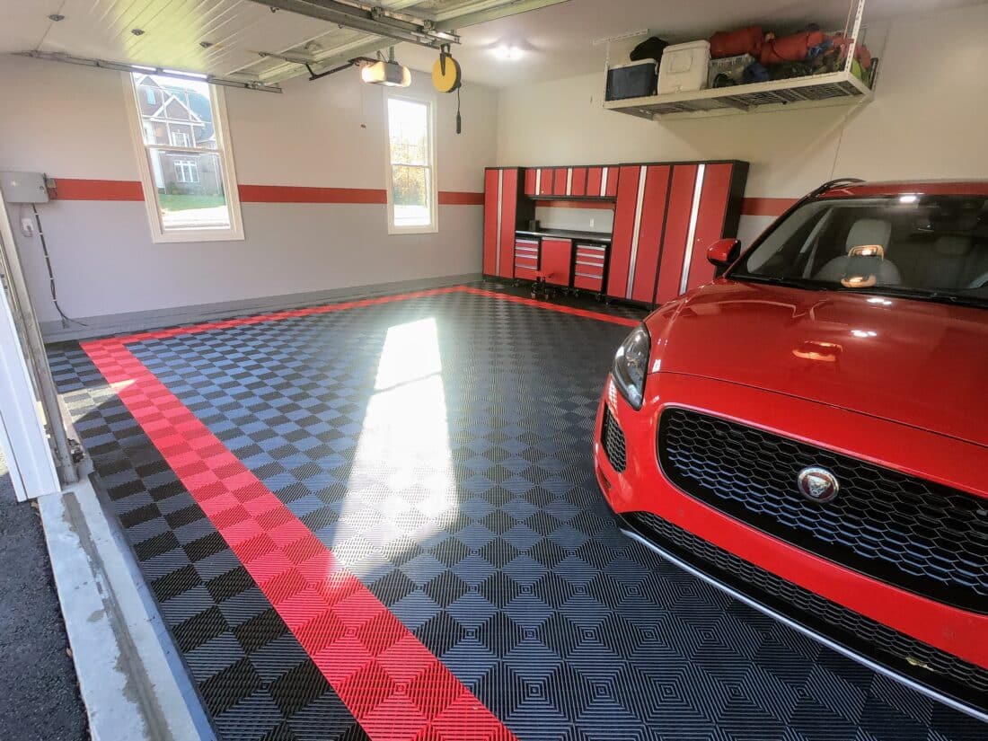 Black, Red, Grey Ribbed Garage Floor Tiles
