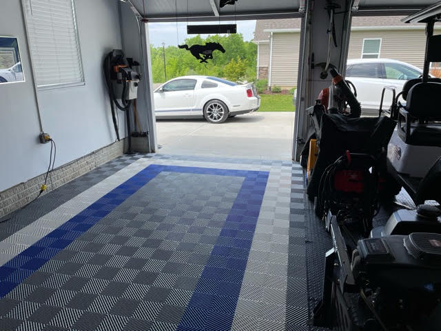 grey, blue, white ribbed garage floor tiles