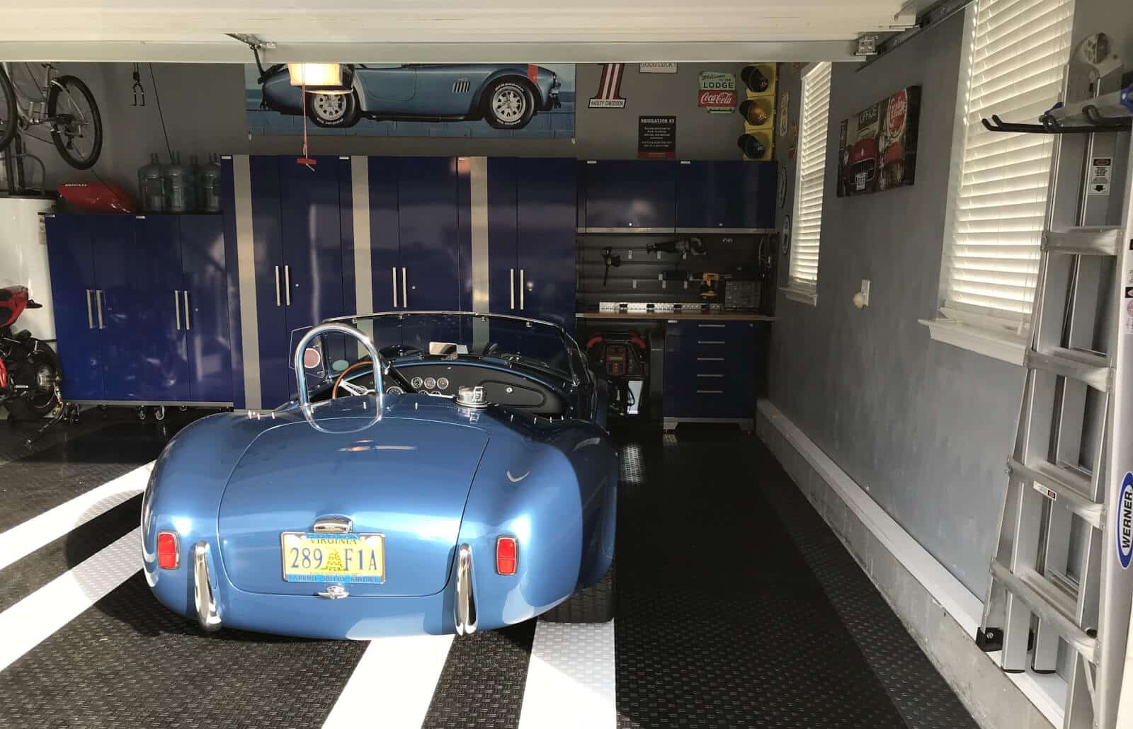 hot rod on garage floor tiles