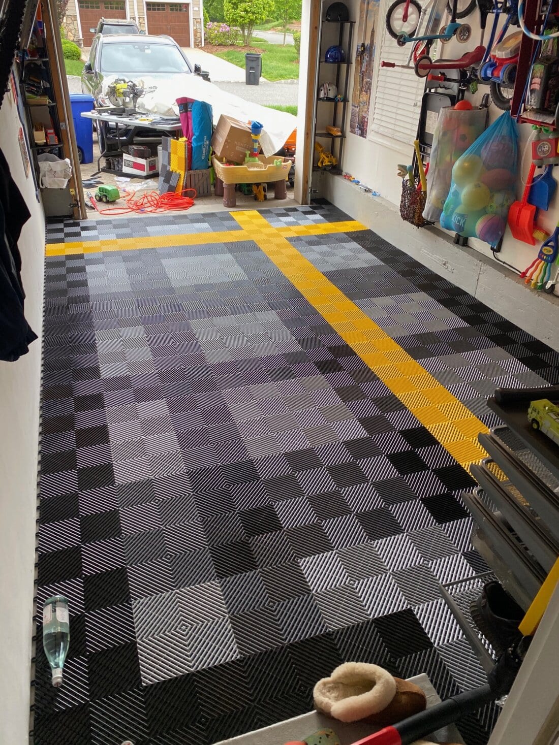 Black, silver, yellow ribbed garage floor tiles