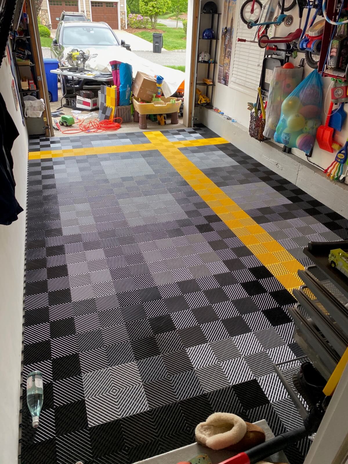 Black, silver, yellow ribbed garage floor tiles
