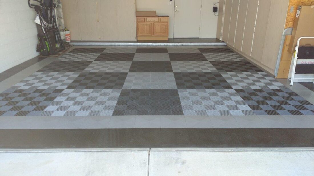 checkerboard tiled garage