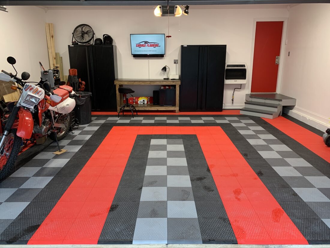 Grey, Silver, Black, and Red Garage Floor Tiles