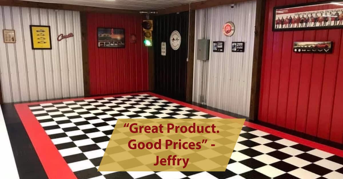 Black and White Checkerboard Garage Floor Tiles with Red Border
