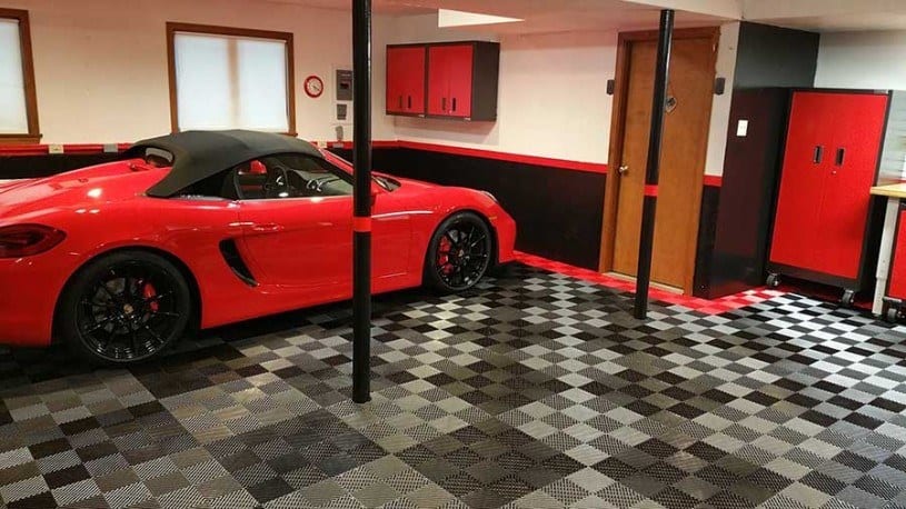porsche on garage floor tiles