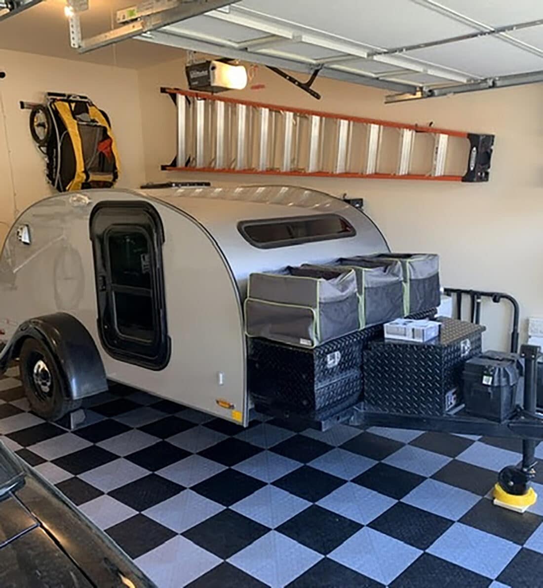 Silver and Black Checkerboard Tiles with camper