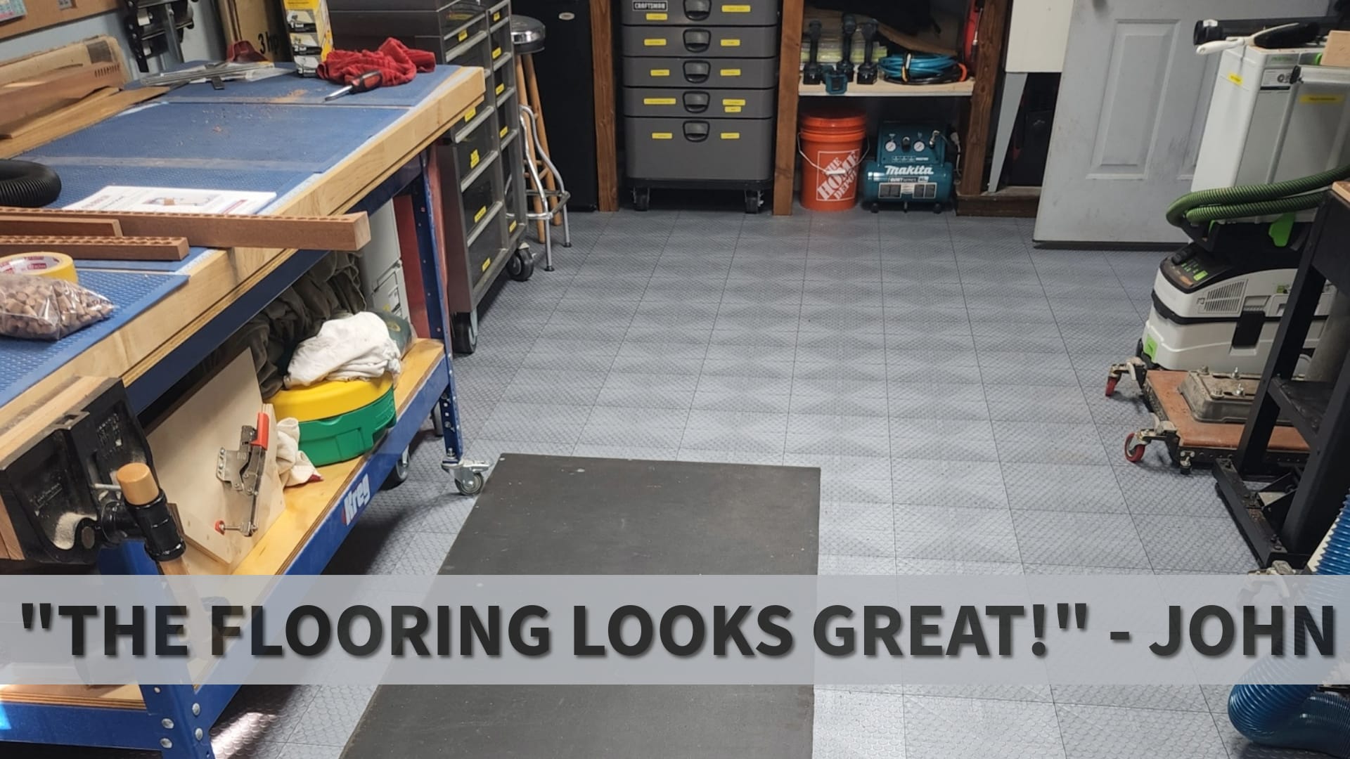 John says that his TrueLock HDXT coin tile flooring looks great.